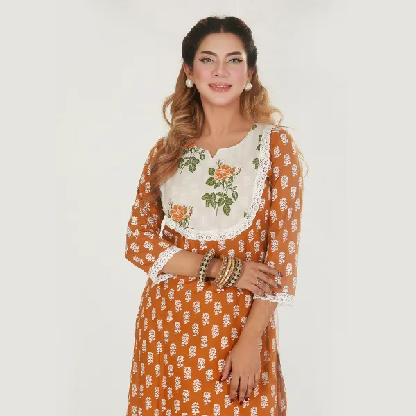 Golden Orange with white print laise Kurti